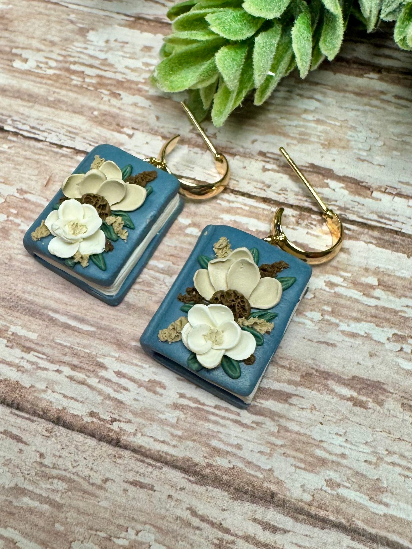 Dusty Blue with Cream Floral Earrings