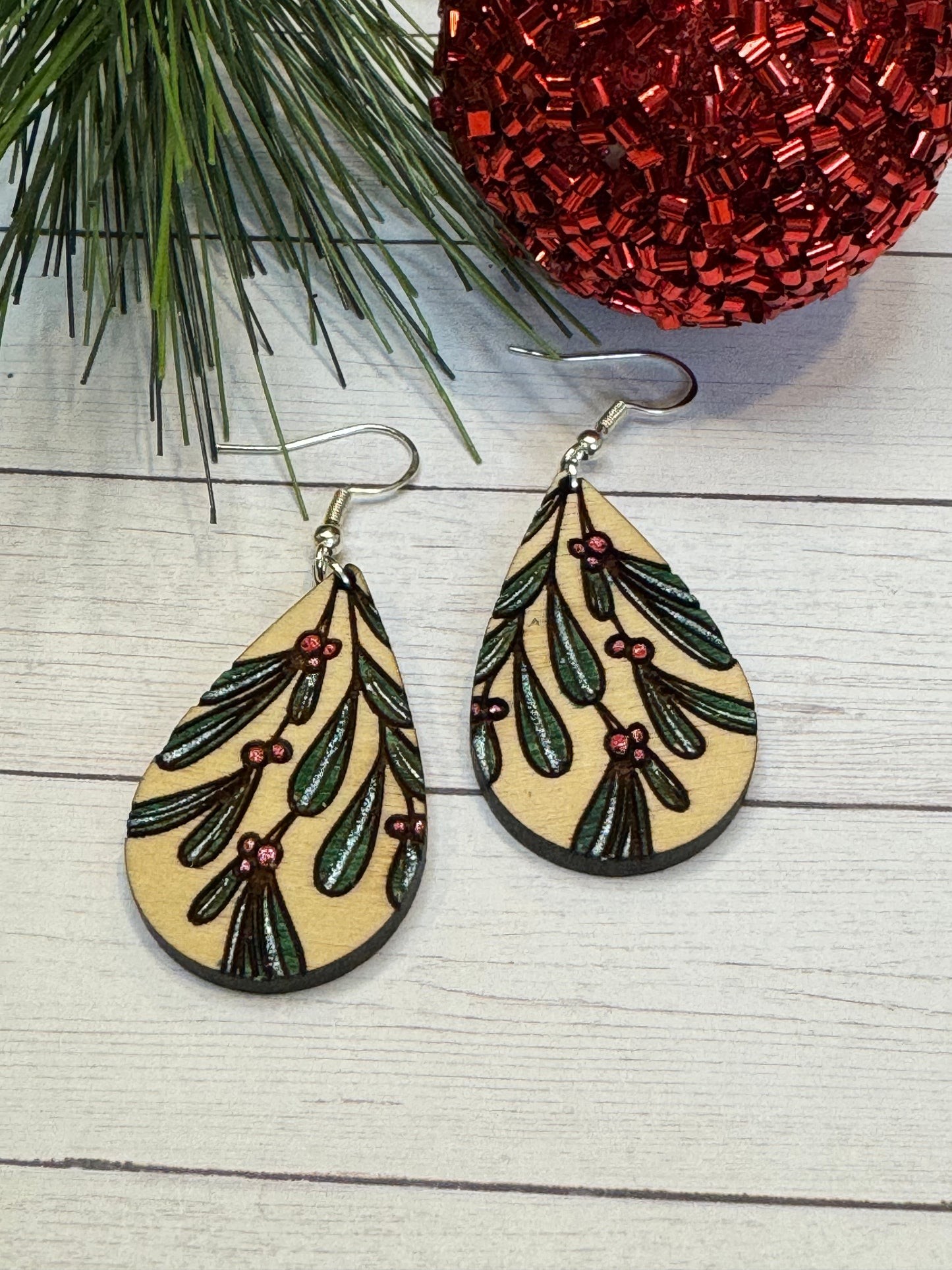 Wooden Mistletoe Earrings