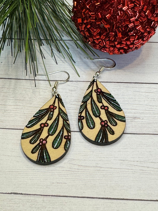 Wooden Mistletoe Earrings