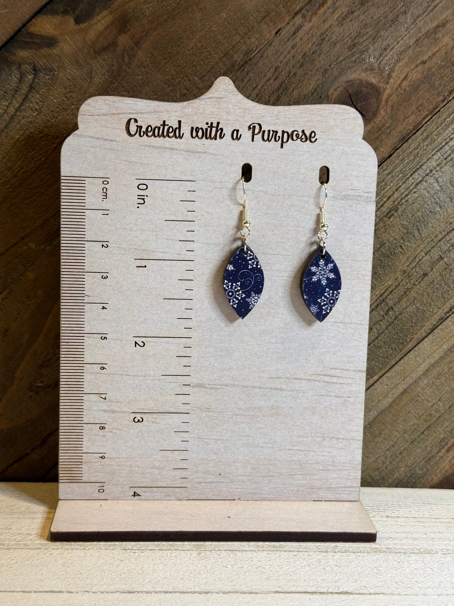 Blue with White Snowflakes on Wood