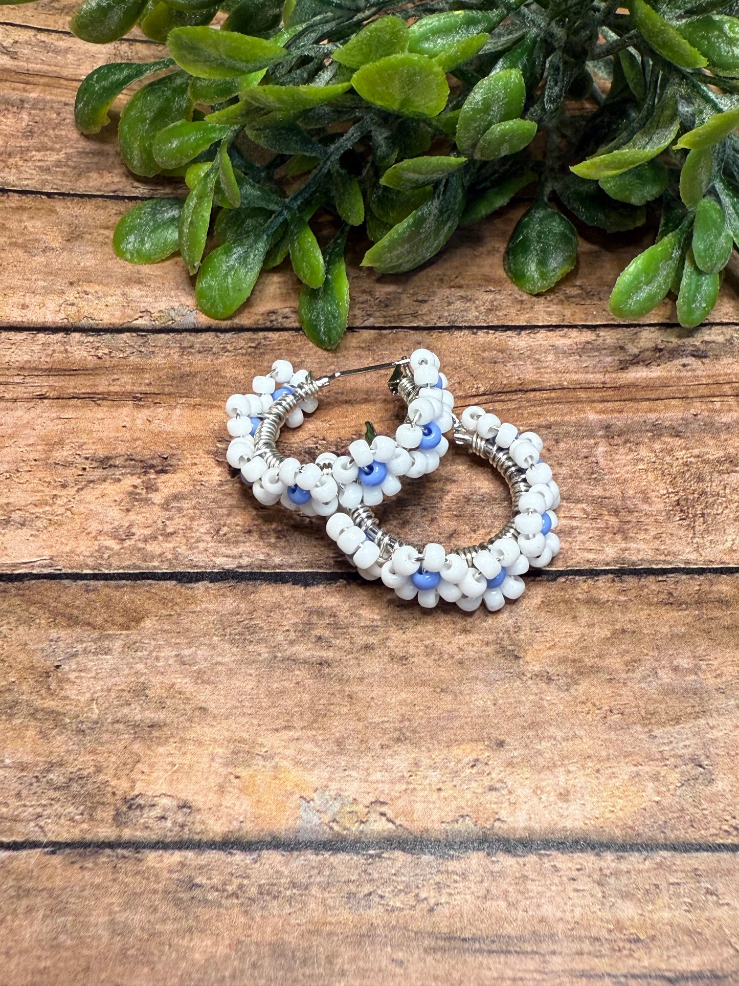 White and Blue Flower Hoops