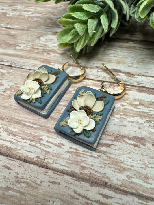 Dusty Blue with Cream Floral Earrings