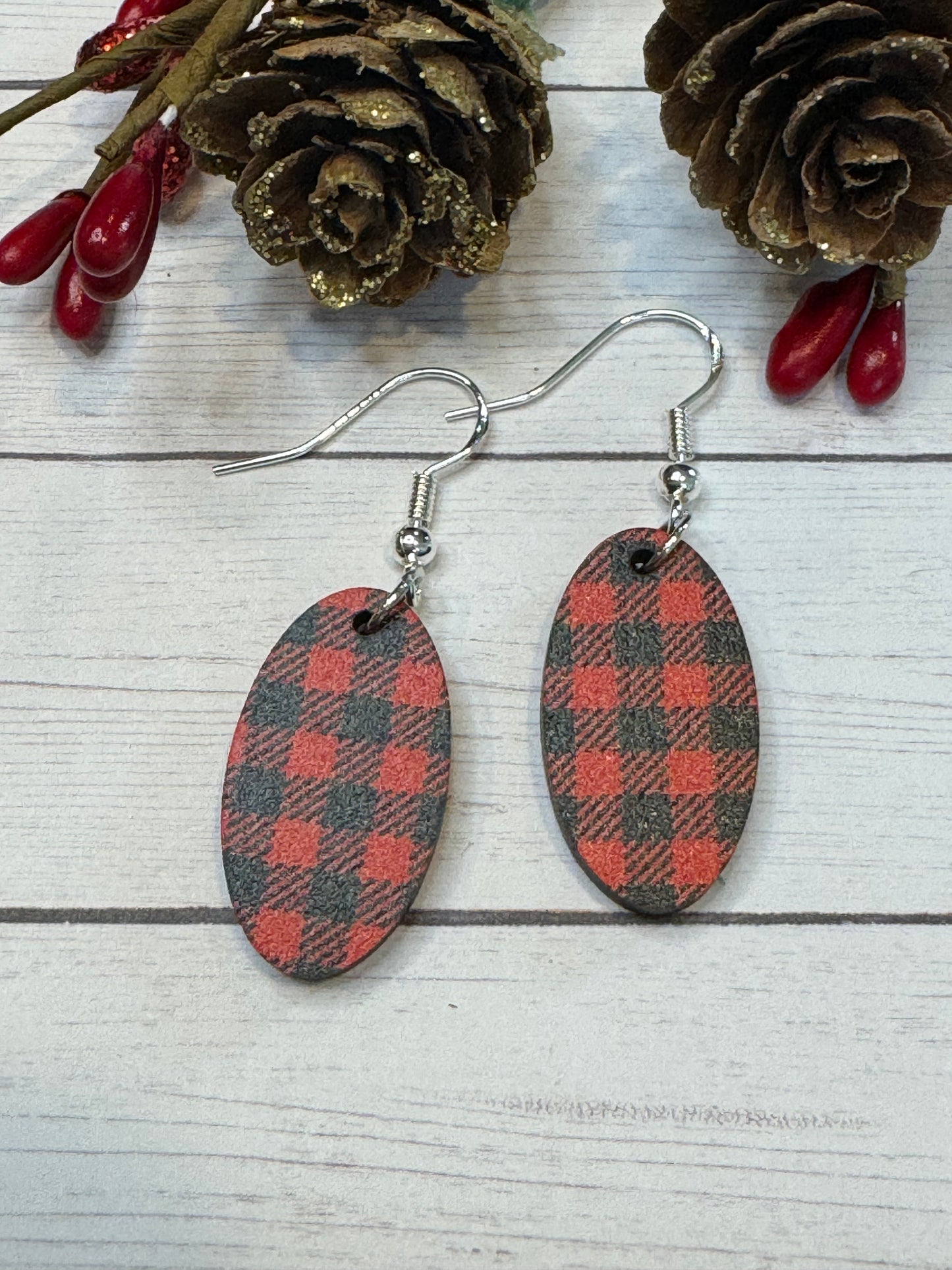 Red and Black Oval Wood Earrings