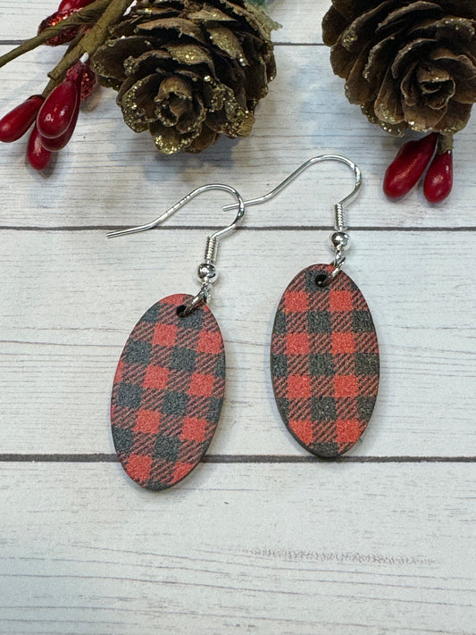 Red and Black Oval Wood Earrings