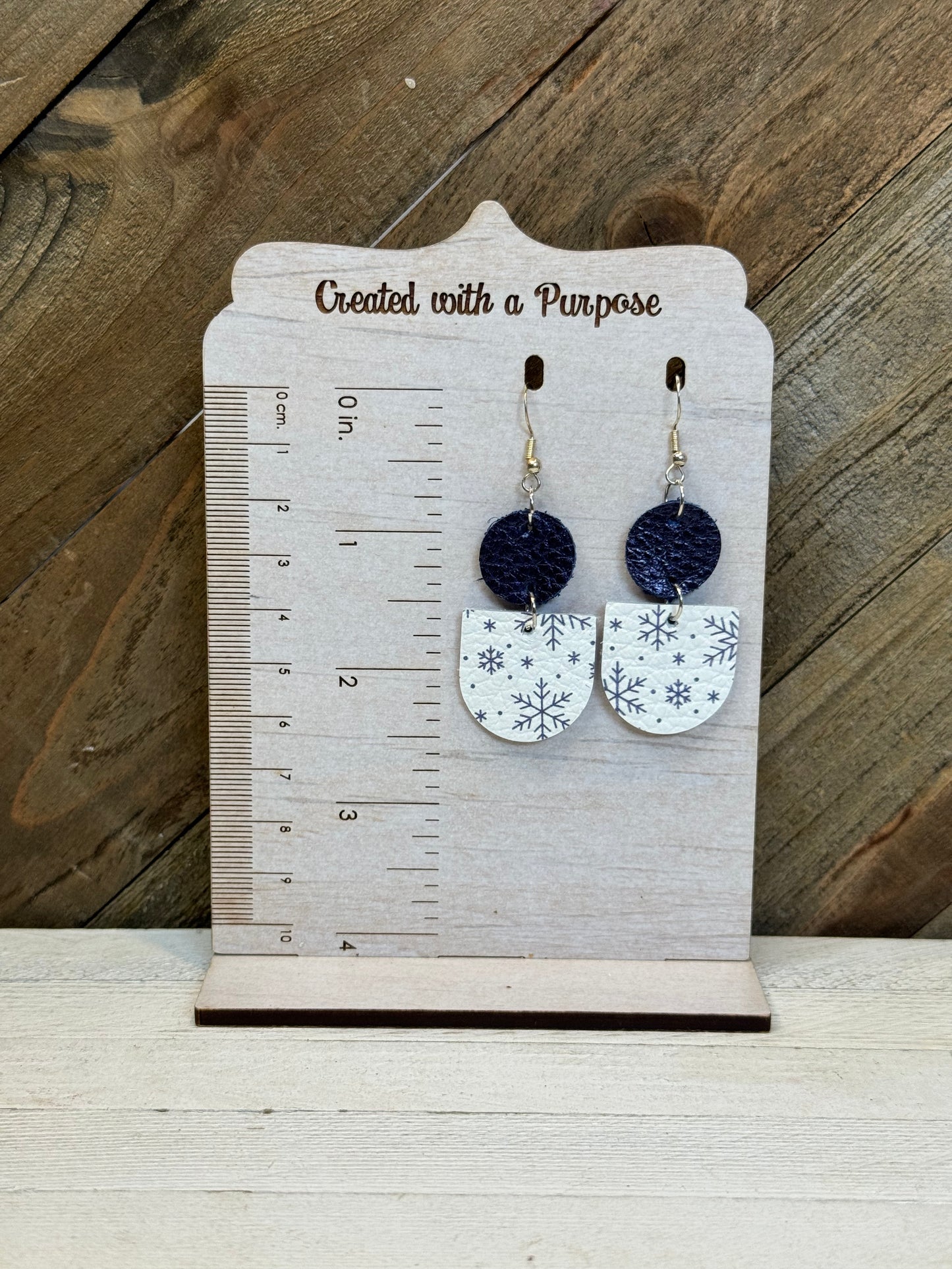 Navy Leather Snowflake Earrings