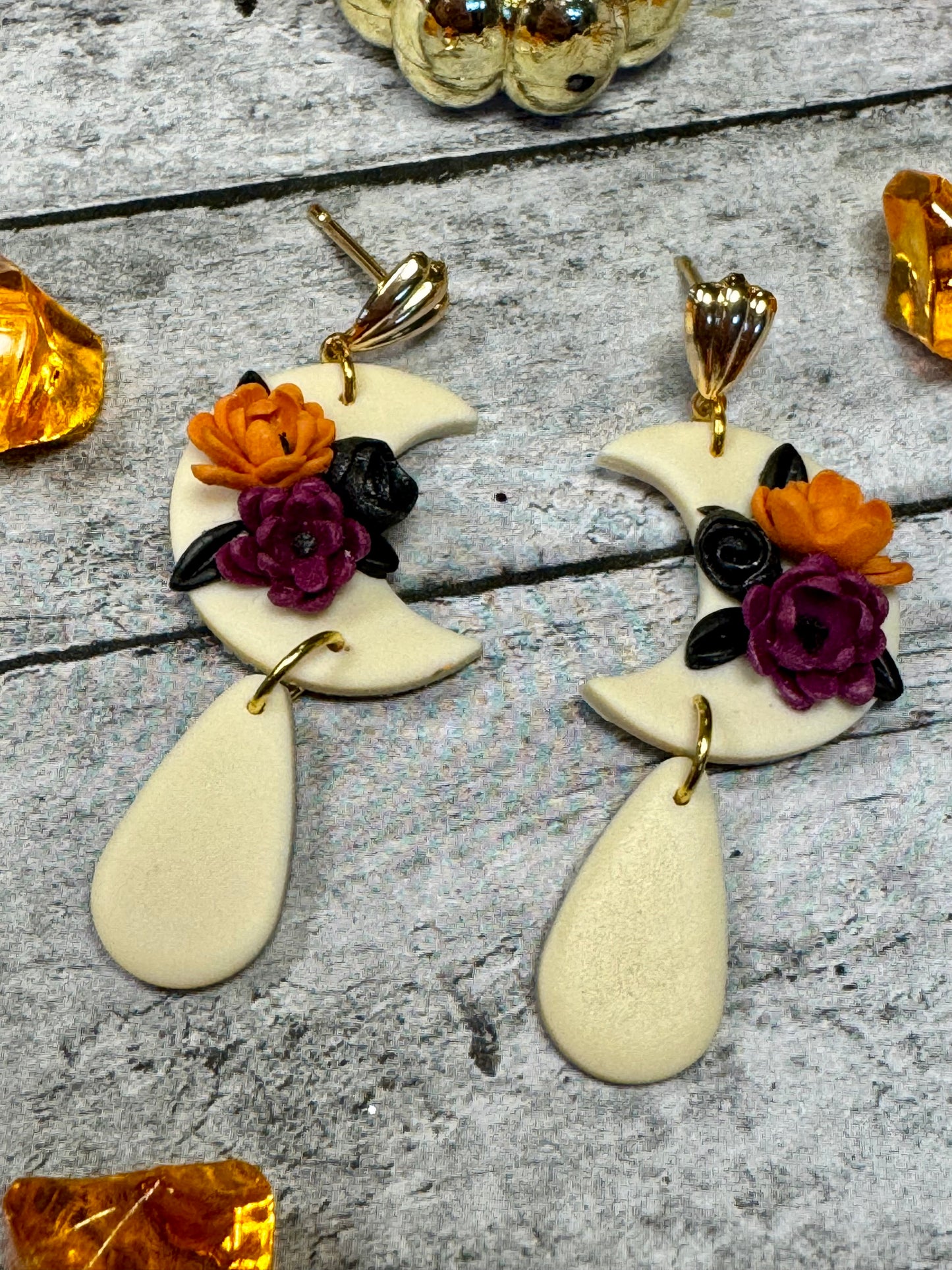 Halloween Moon Floral Earrings
