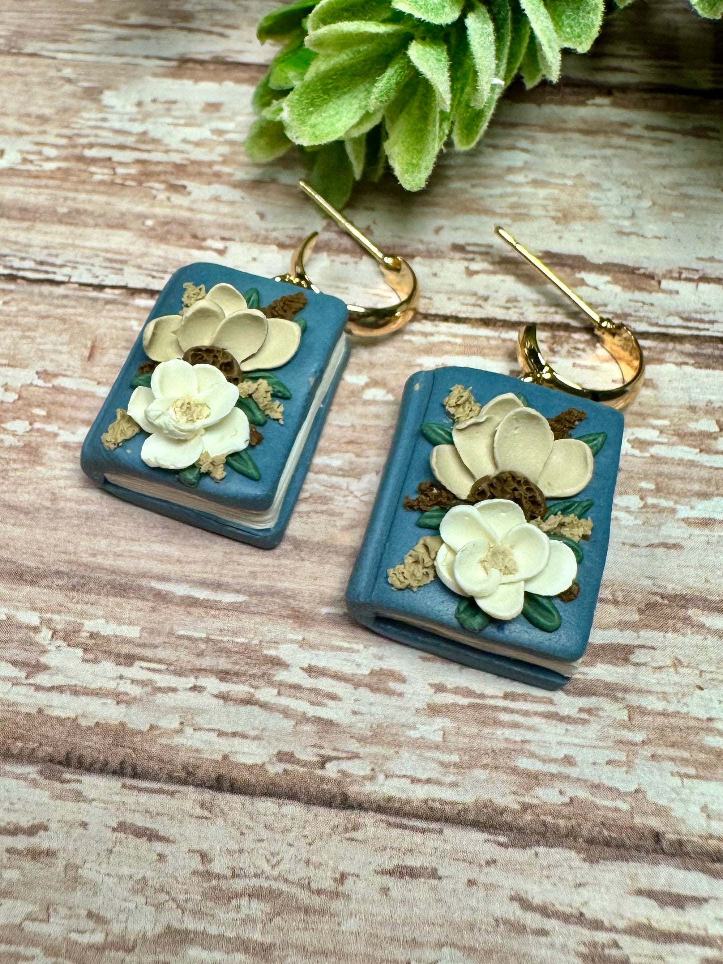 Dusty Blue with Cream Floral Earrings