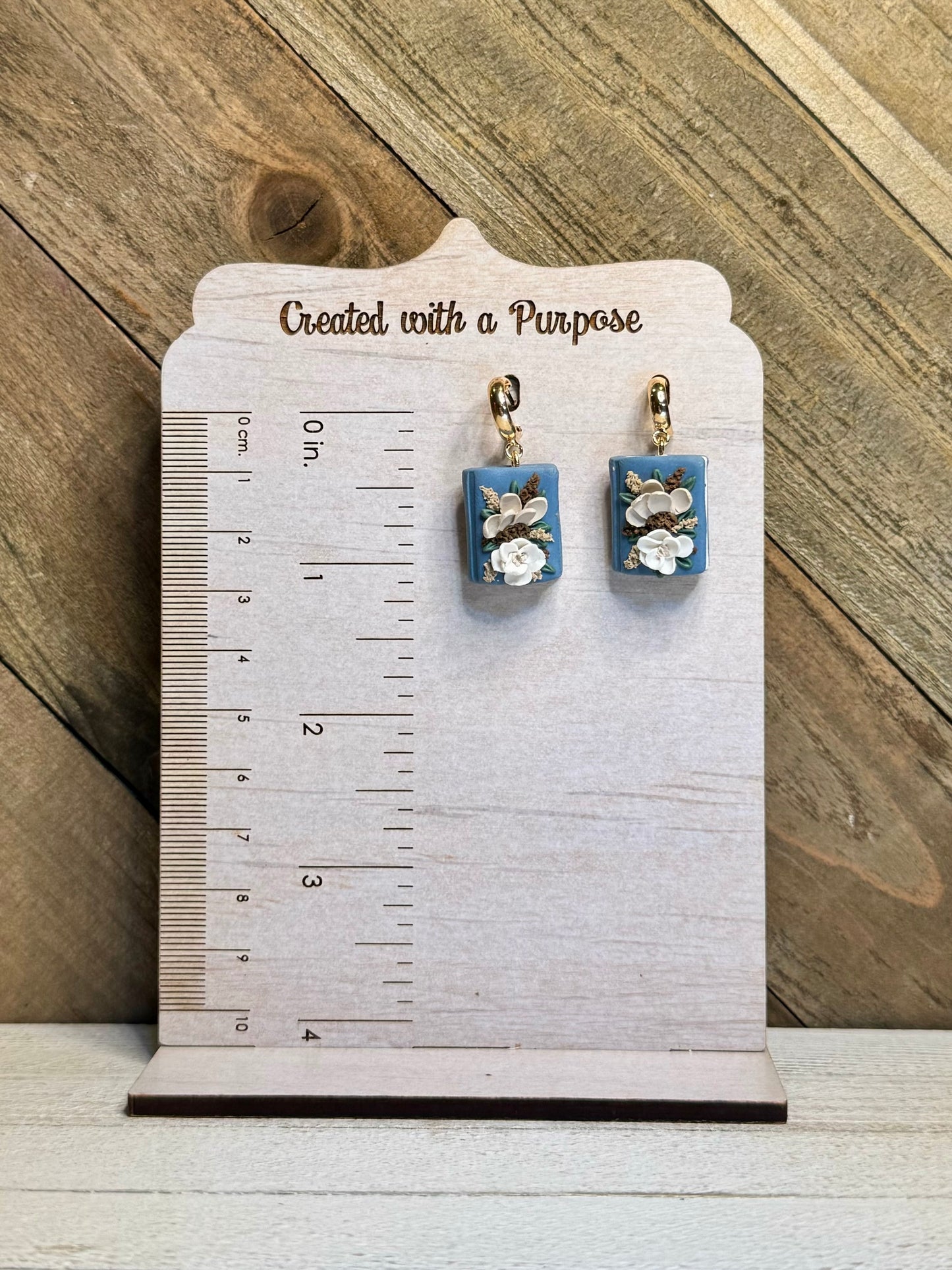 Dusty Blue with Cream Floral Earrings
