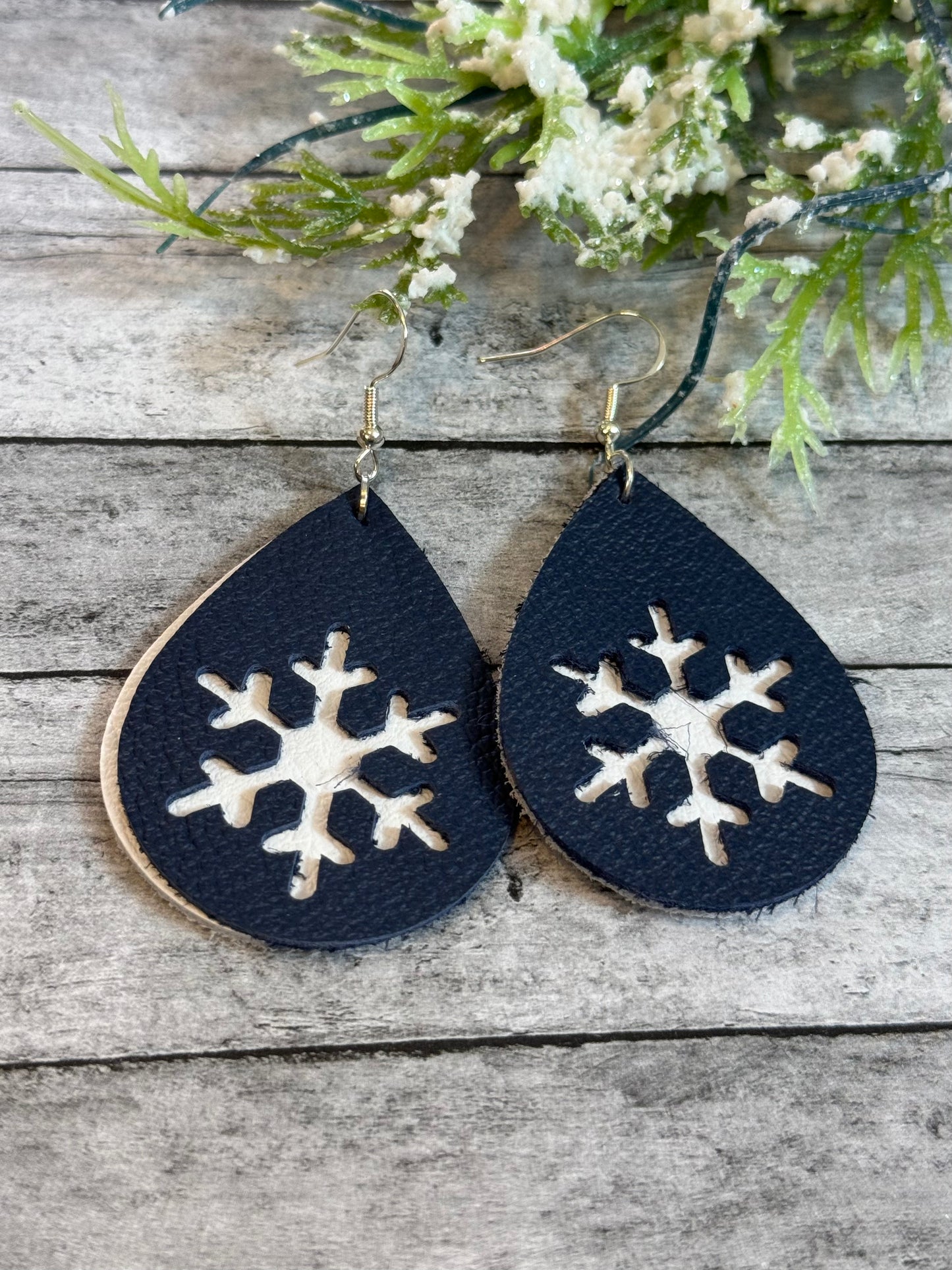 Navy and White Snowflake Earrings