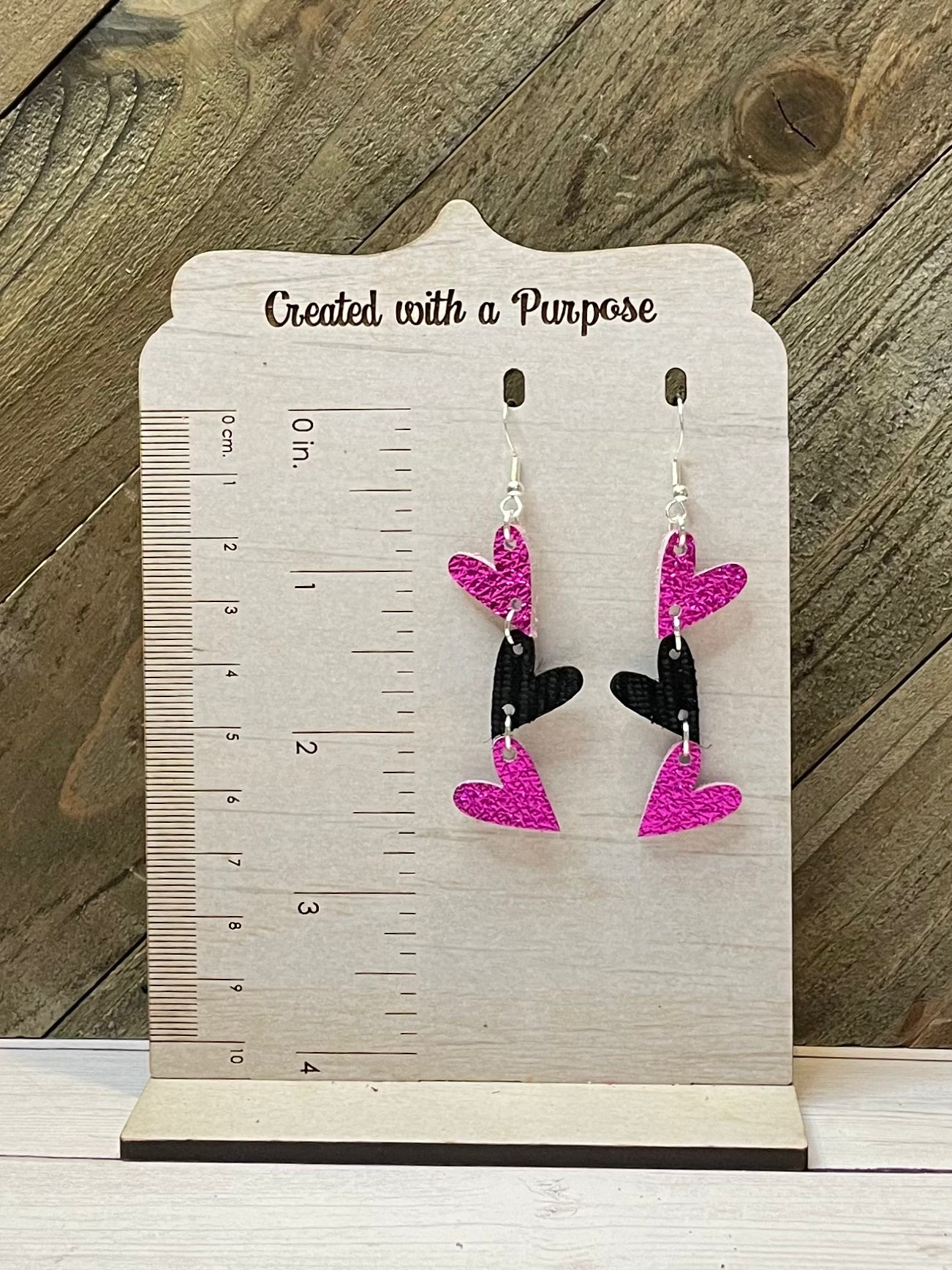 Hot Pink and Black Triple Heart Earrings