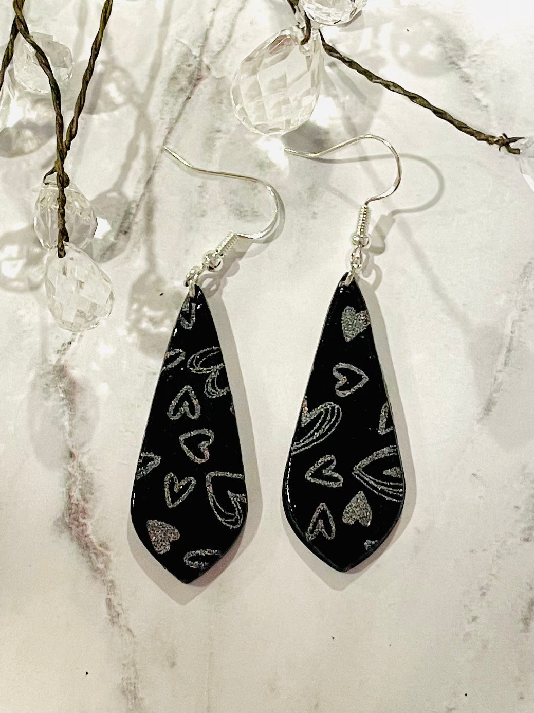 Holographic Silver Hearts on Black Earrings