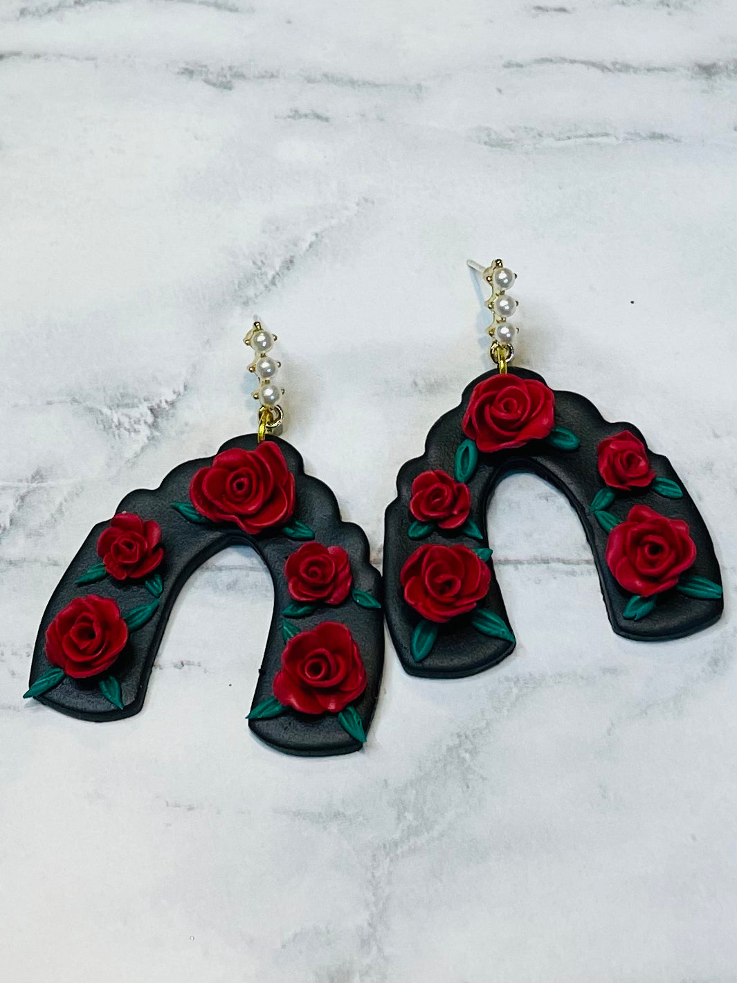 Black Arch With Rose Polymer Clay Flower Earrings