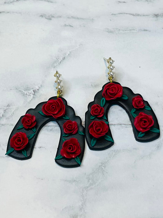 Black Arch With Rose Polymer Clay Flower Earrings