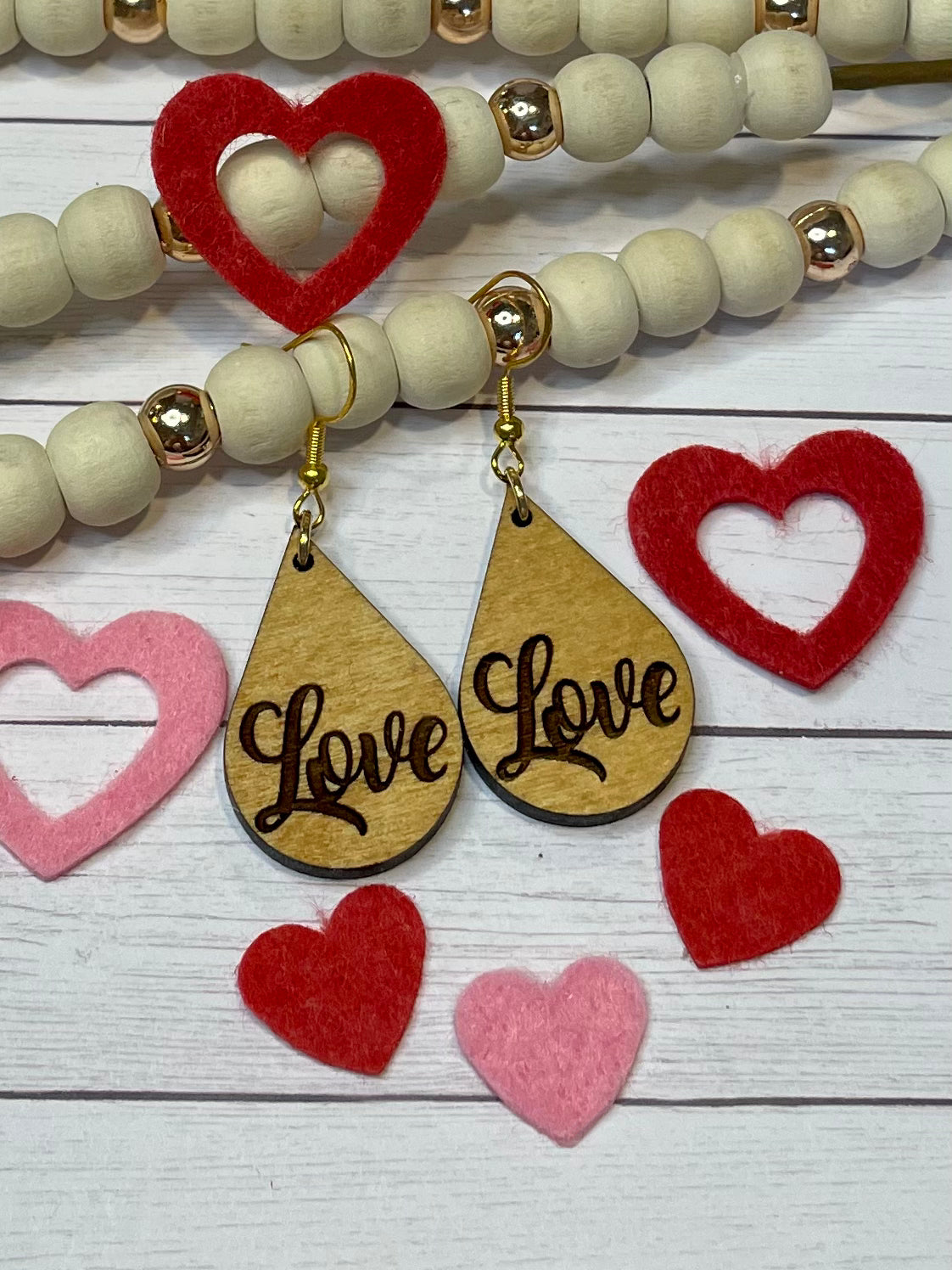 Love Wooden Tear Drop Earrings