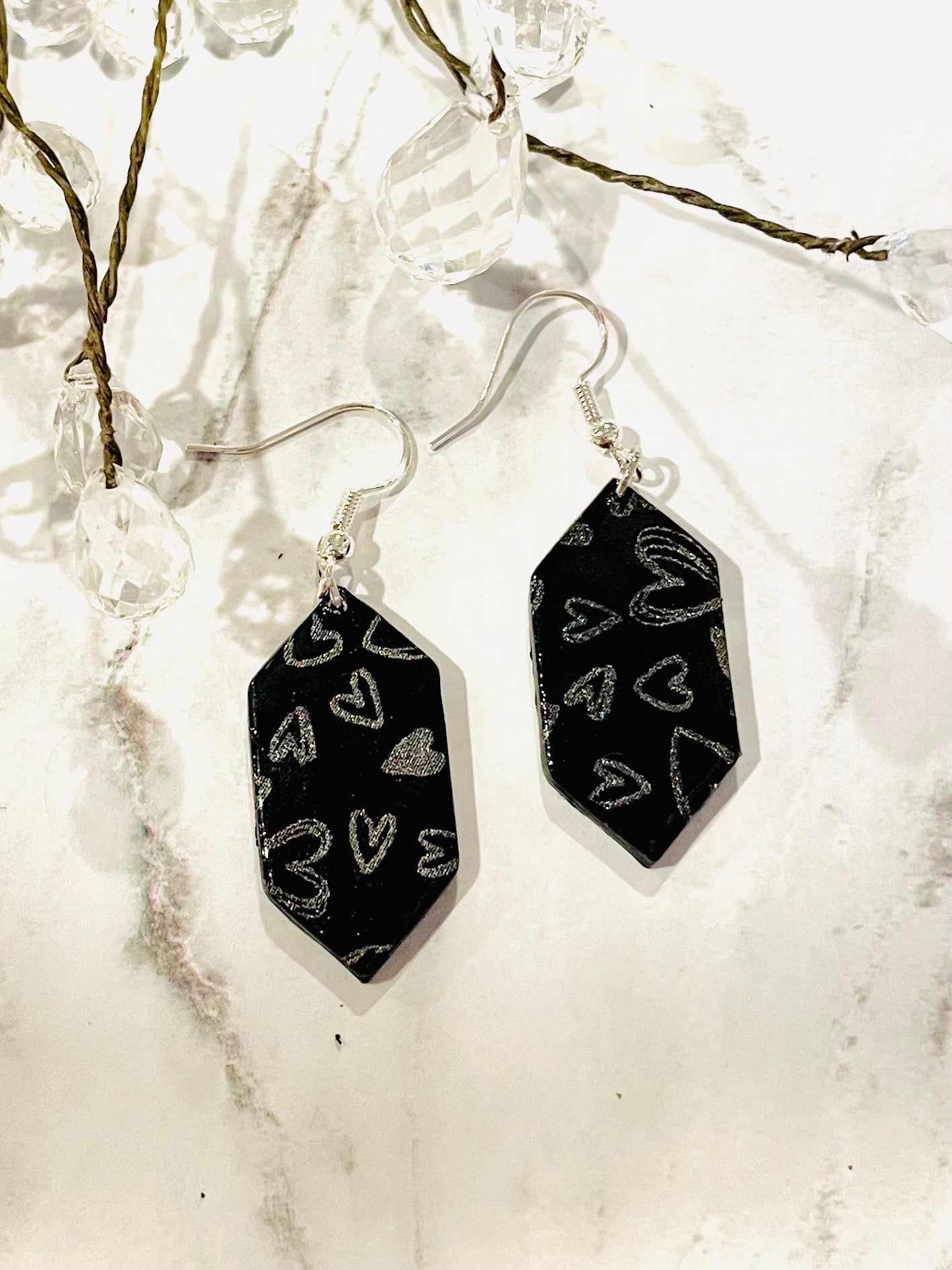 Black with Holographic Silver Hearts Polymer Clay Earrings