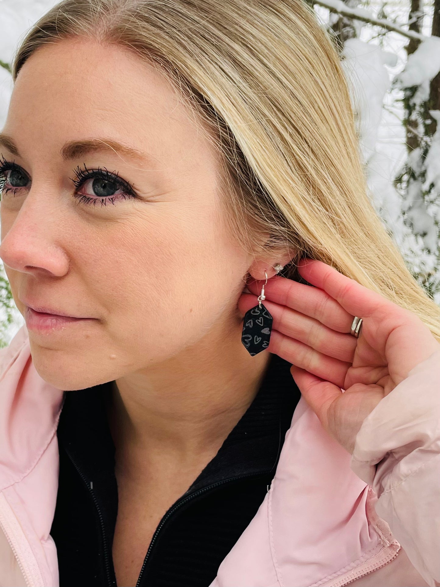Black with Holographic Silver Hearts Polymer Clay Earrings