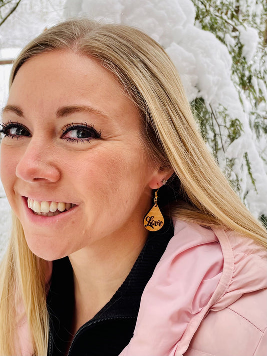 Love Wooden Tear Drop Earrings