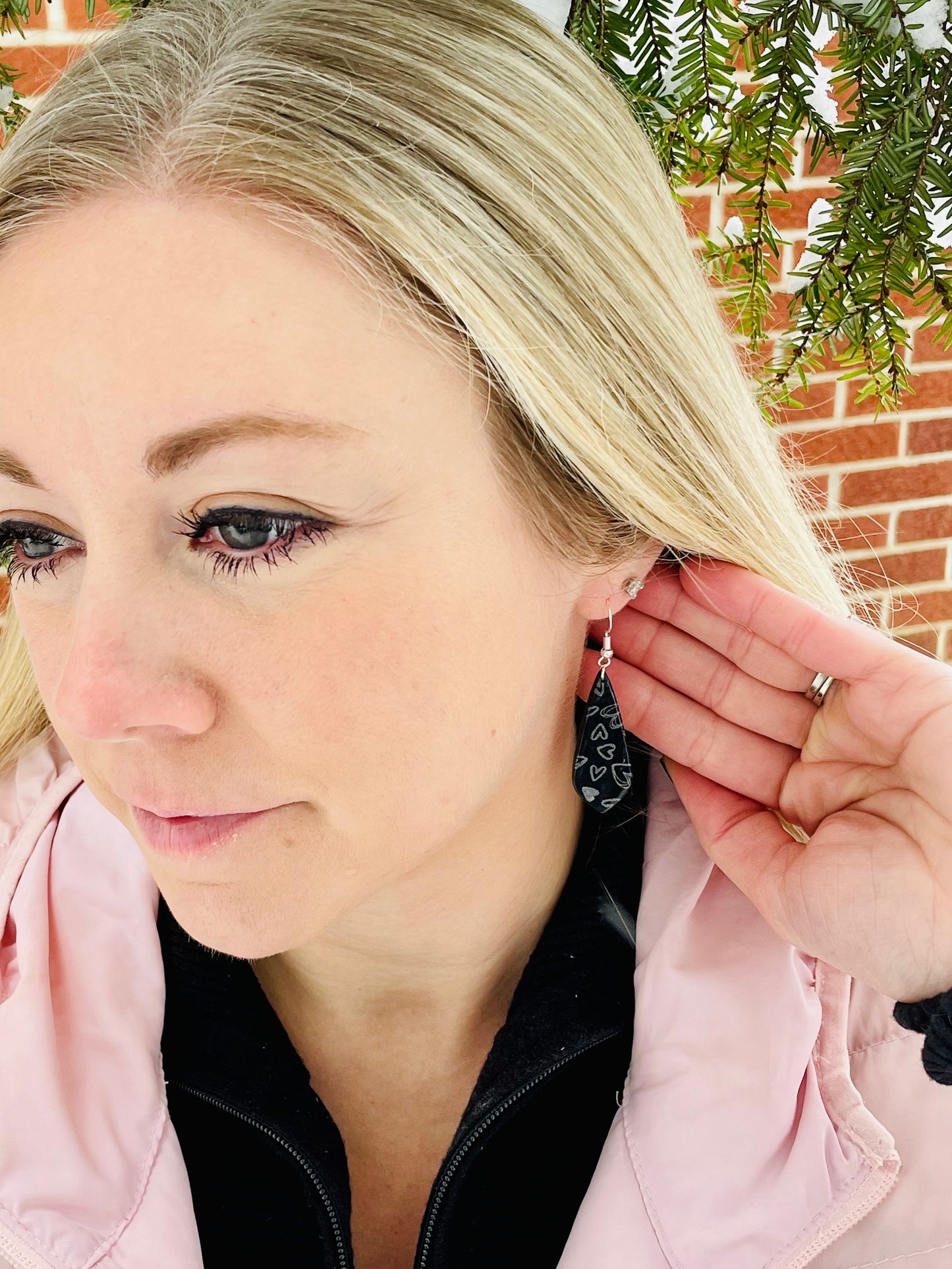 Holographic Silver Hearts on Black Earrings