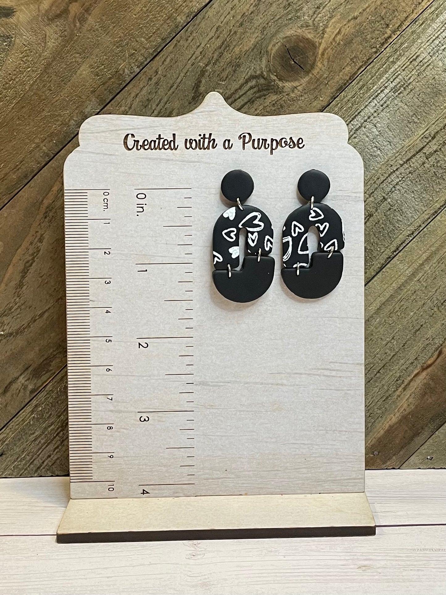 Black with White Heart Polymer Clay Earrings