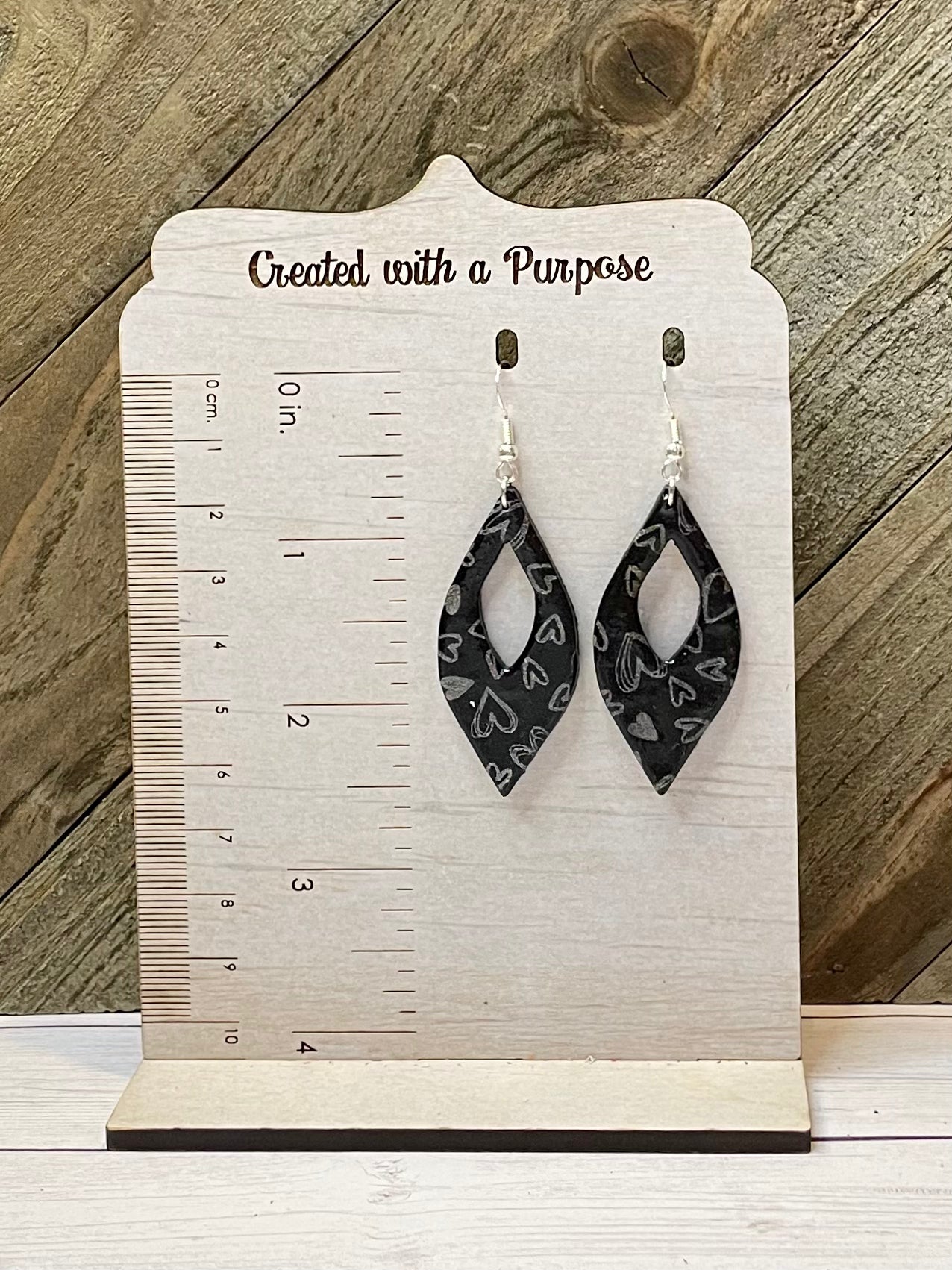 Black with Holographic Silver Heart Earrings