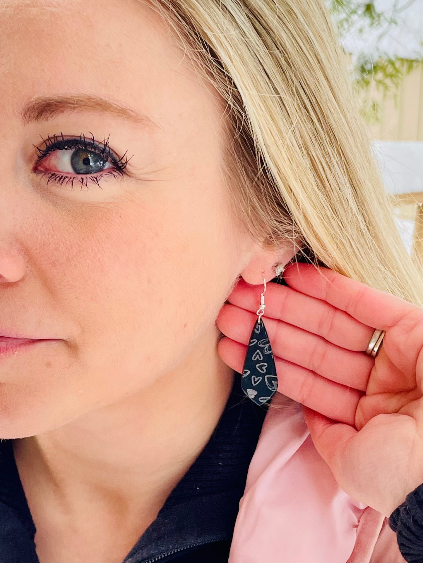 Holographic Silver Hearts on Black Earrings