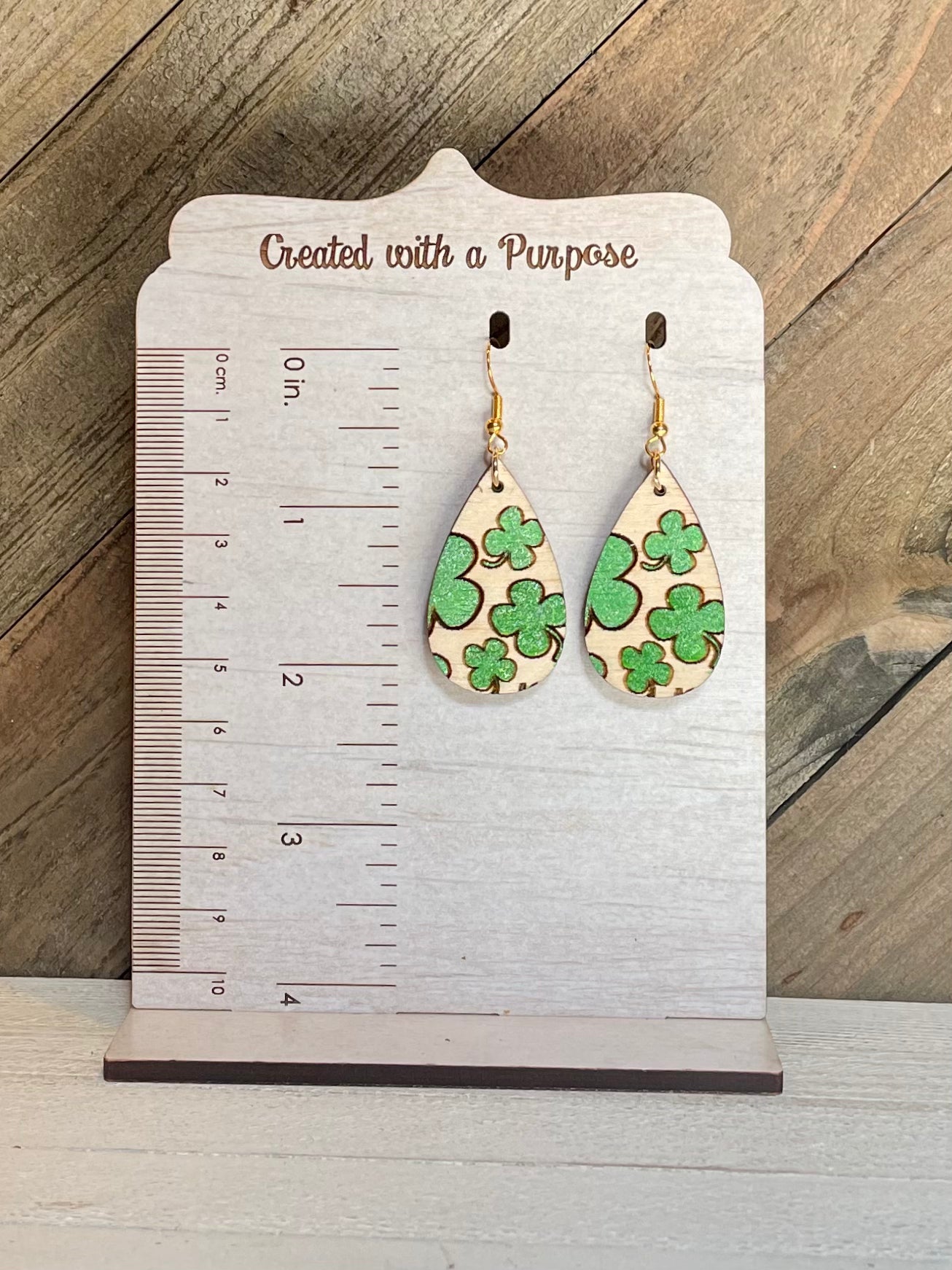 Wooden Clover Tear Drop Earrings