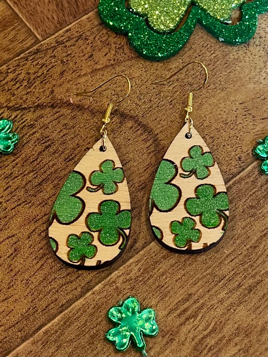 Wooden Clover Tear Drop Earrings