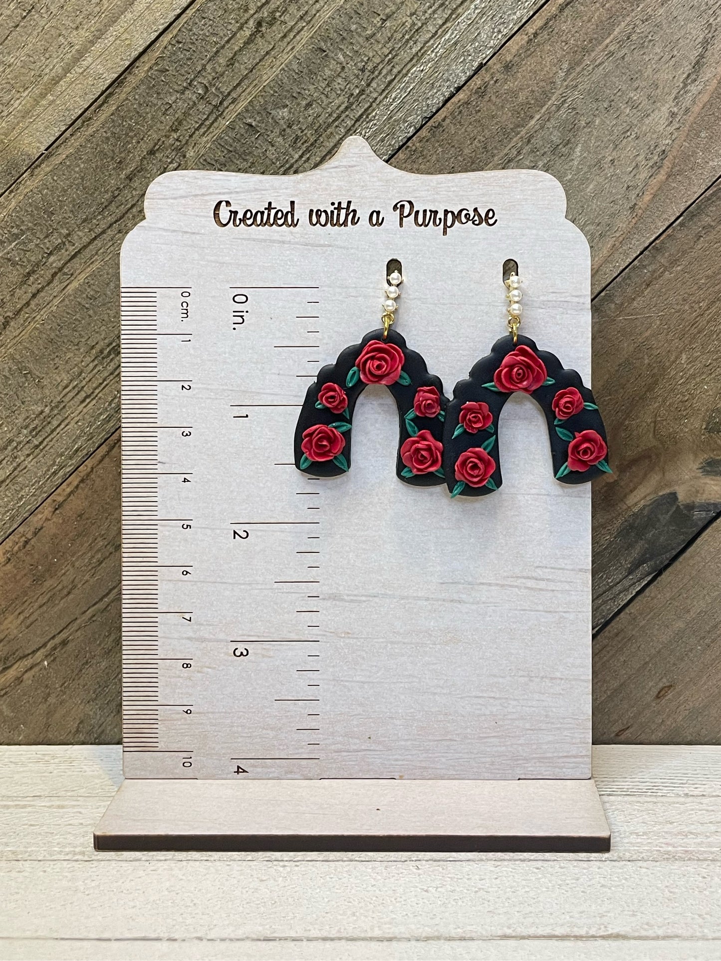 Black Arch With Rose Polymer Clay Flower Earrings