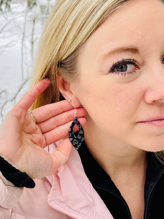 Black with Holographic Silver Heart Earrings