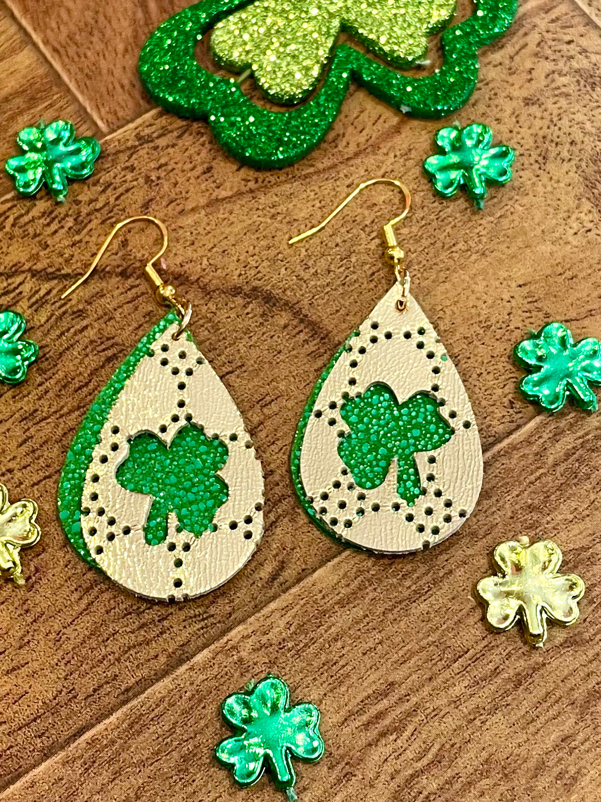Gold with Green Shamrock Double Layer Earrings