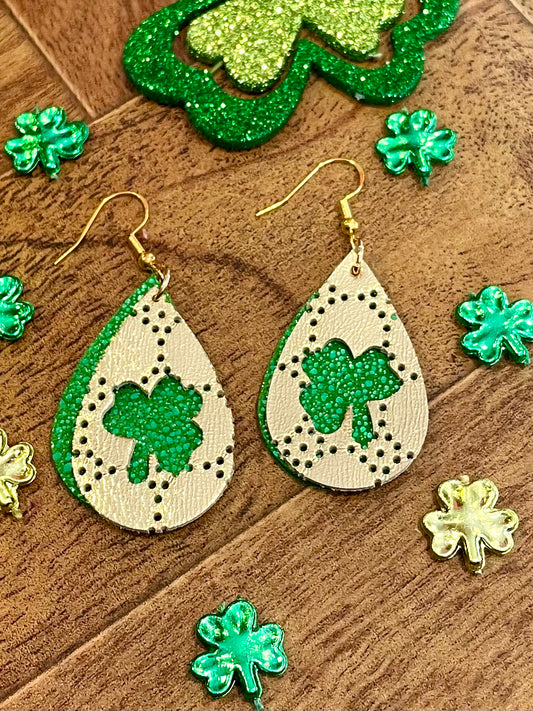Gold with Green Shamrock Double Layer Earrings