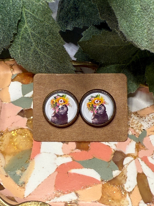 Sloth with Sunflower Crown Studs