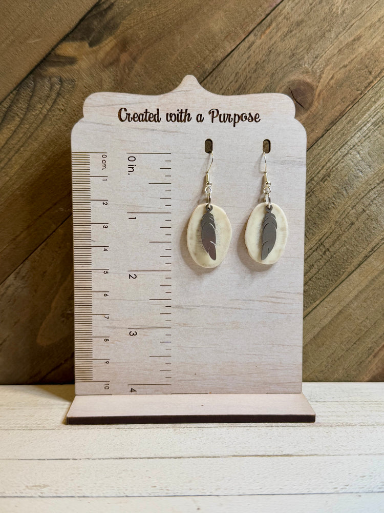 Deer Antler With Silver Feather Earrings