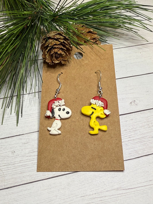 White Dog & Yellow Bird with Santa Hats