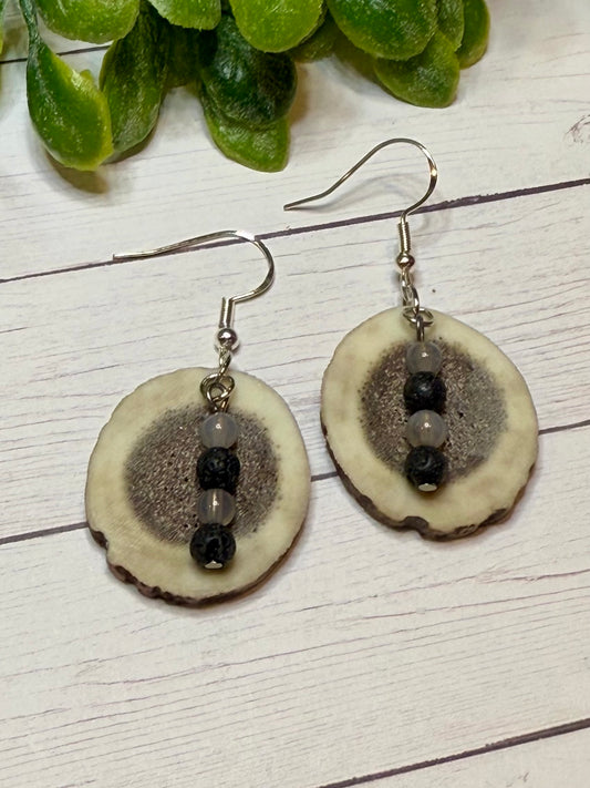 Black and Gray Beads with Deer Antler Earrings