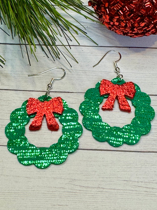 Green Sparkle Wreath with Red Bow