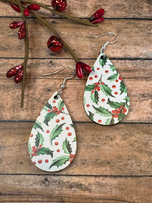 Wood Holly Teardrop Earrings