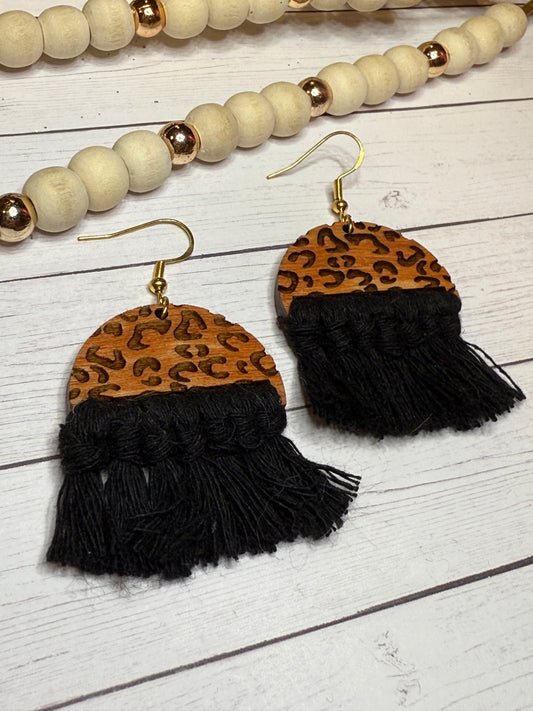 Black Leopard Macrame Earrings