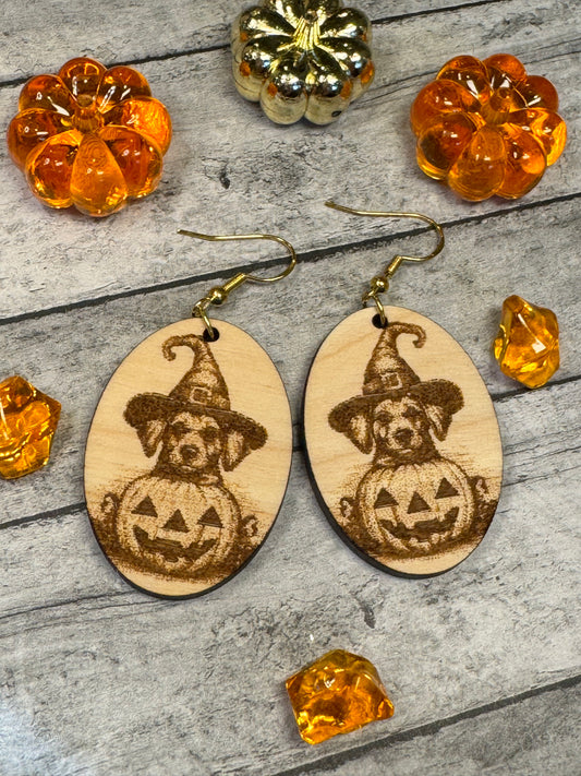 Wooden Dog and Pumpkin Earrings