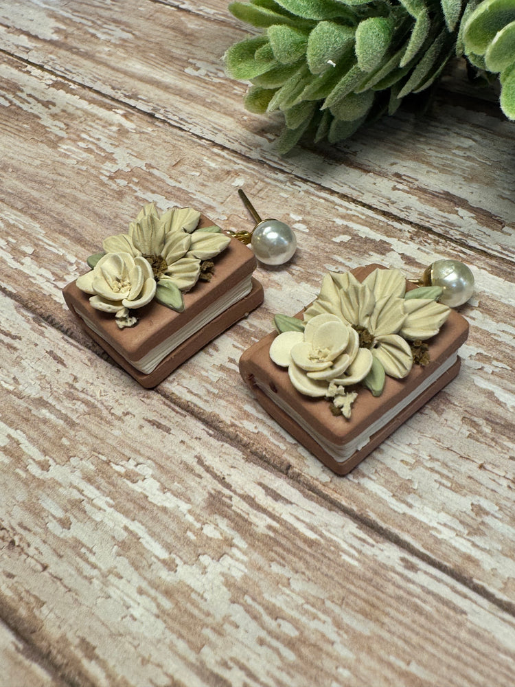 Rose Book with Cream Flower Earrings