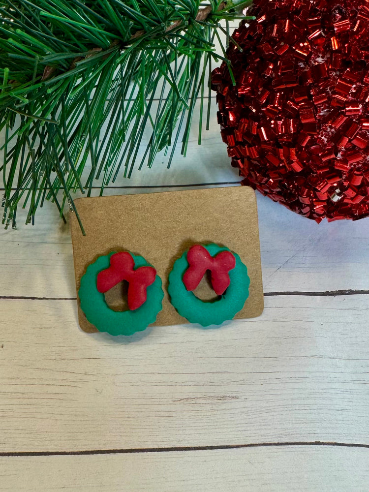 Green Wreath with Red Bow Studs
