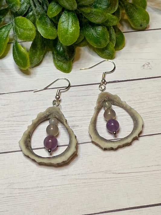 Purple Beads with Open Deer Antler Earrings