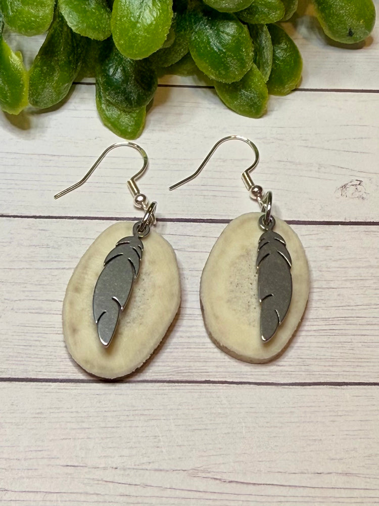 Deer Antler With Silver Feather Earrings