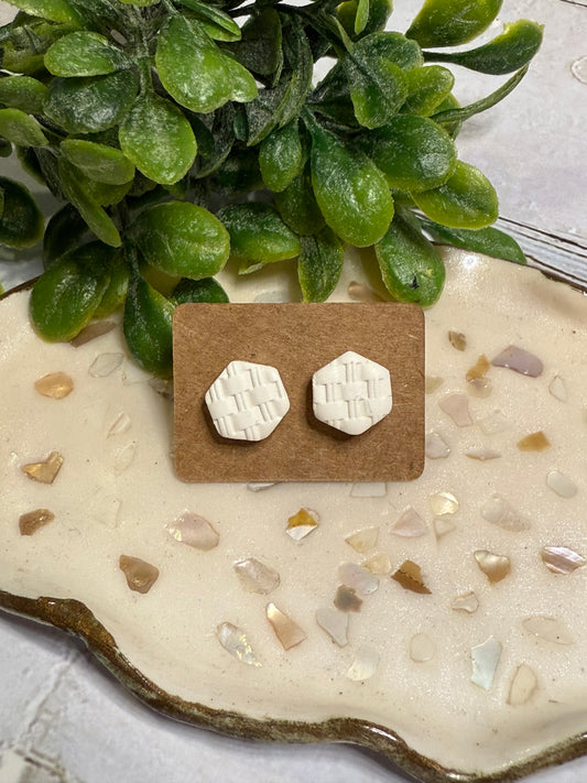 White Basket Weave Hexagon Studs