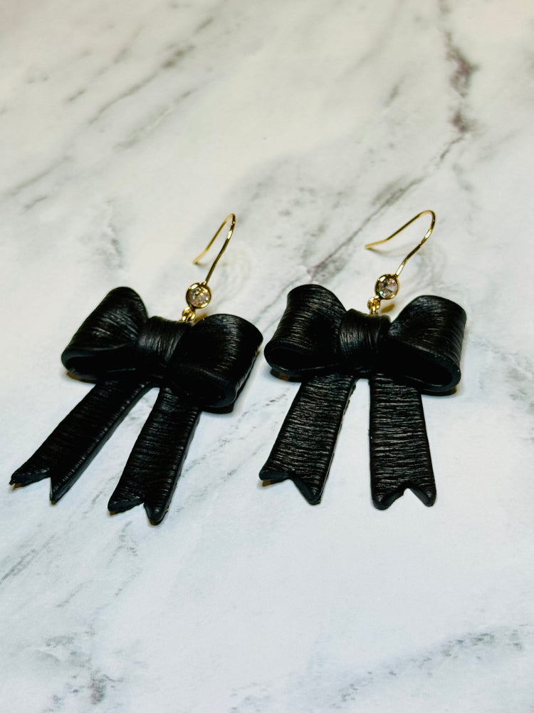 ￼Textured Black Bow with Gold Rhinestone Hook