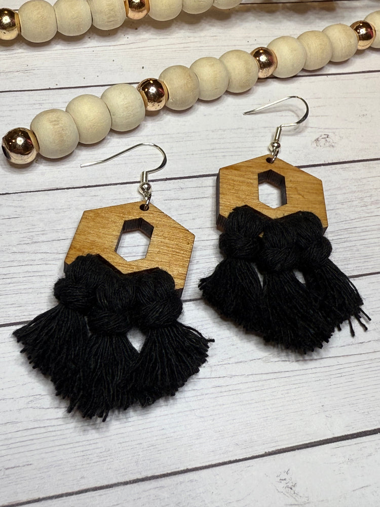 Black Hexagon Macrame Earrings