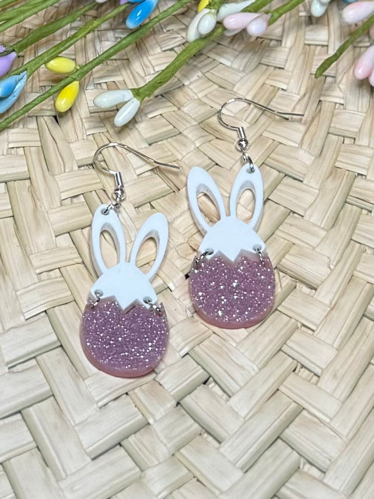 Pink Sparkle Bunny Egg Earrings
