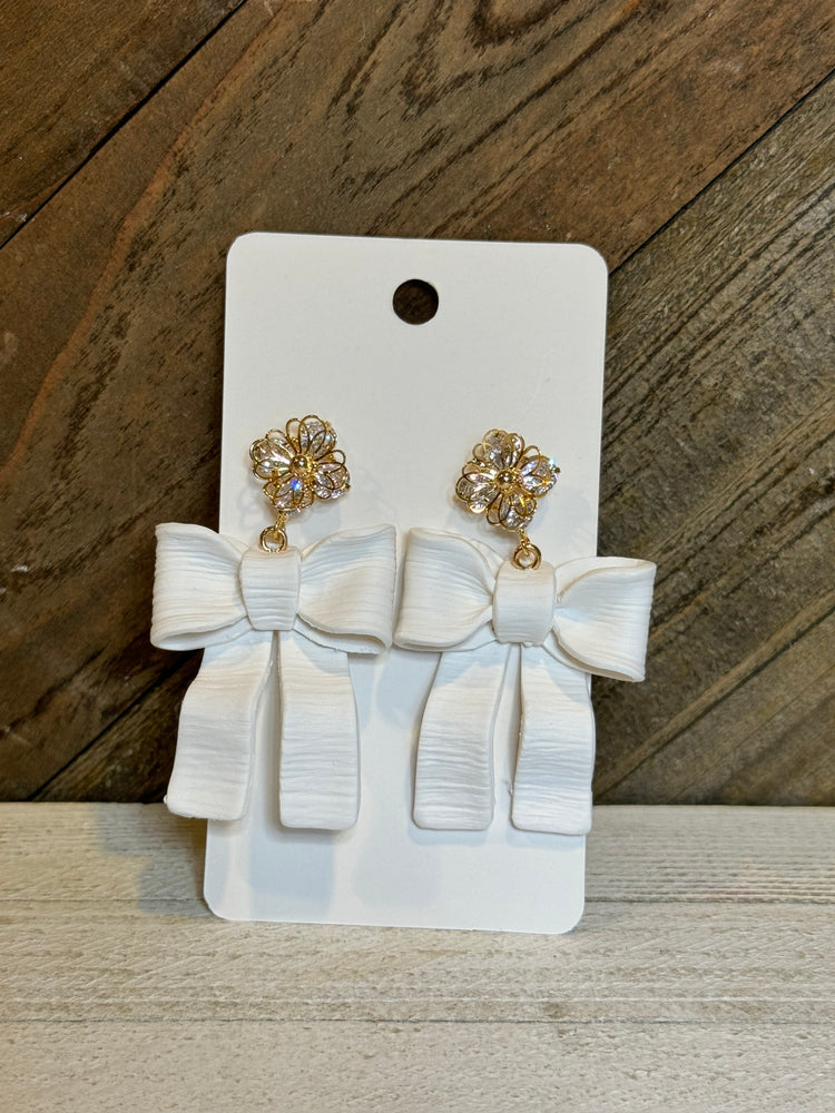 Textured White Bow with Rhinestone Top Earrings