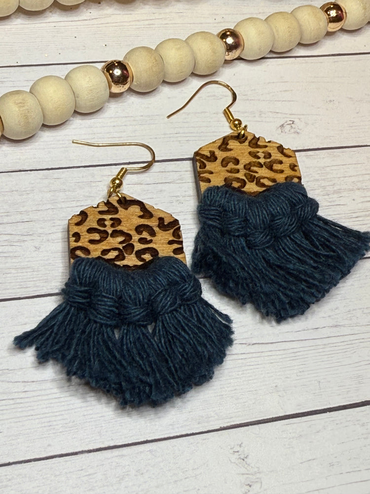 Blue Leopard Hexagon Macrame Earrings