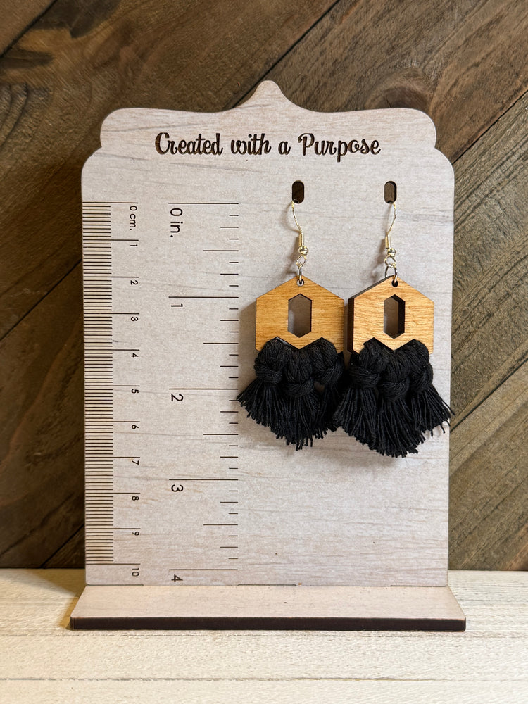 Black Hexagon Macrame Earrings